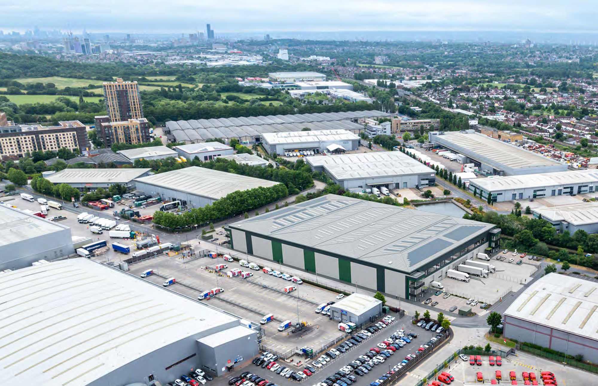 Overhead view of an urban logistics scene in London, UK