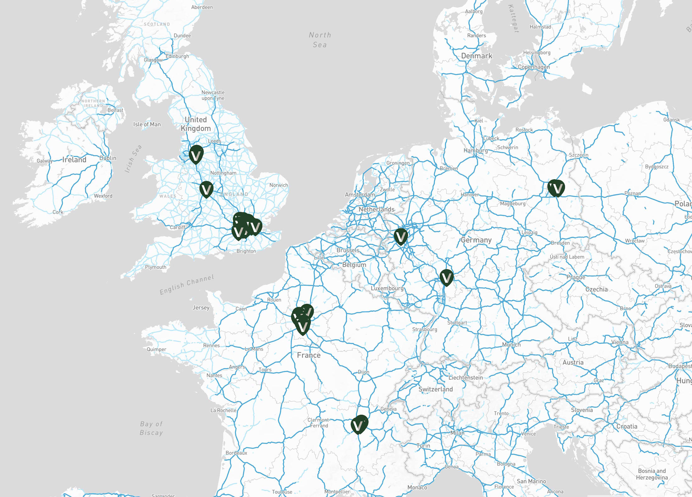 Map showing Valor properties strategically positioned within Europe's road networks.