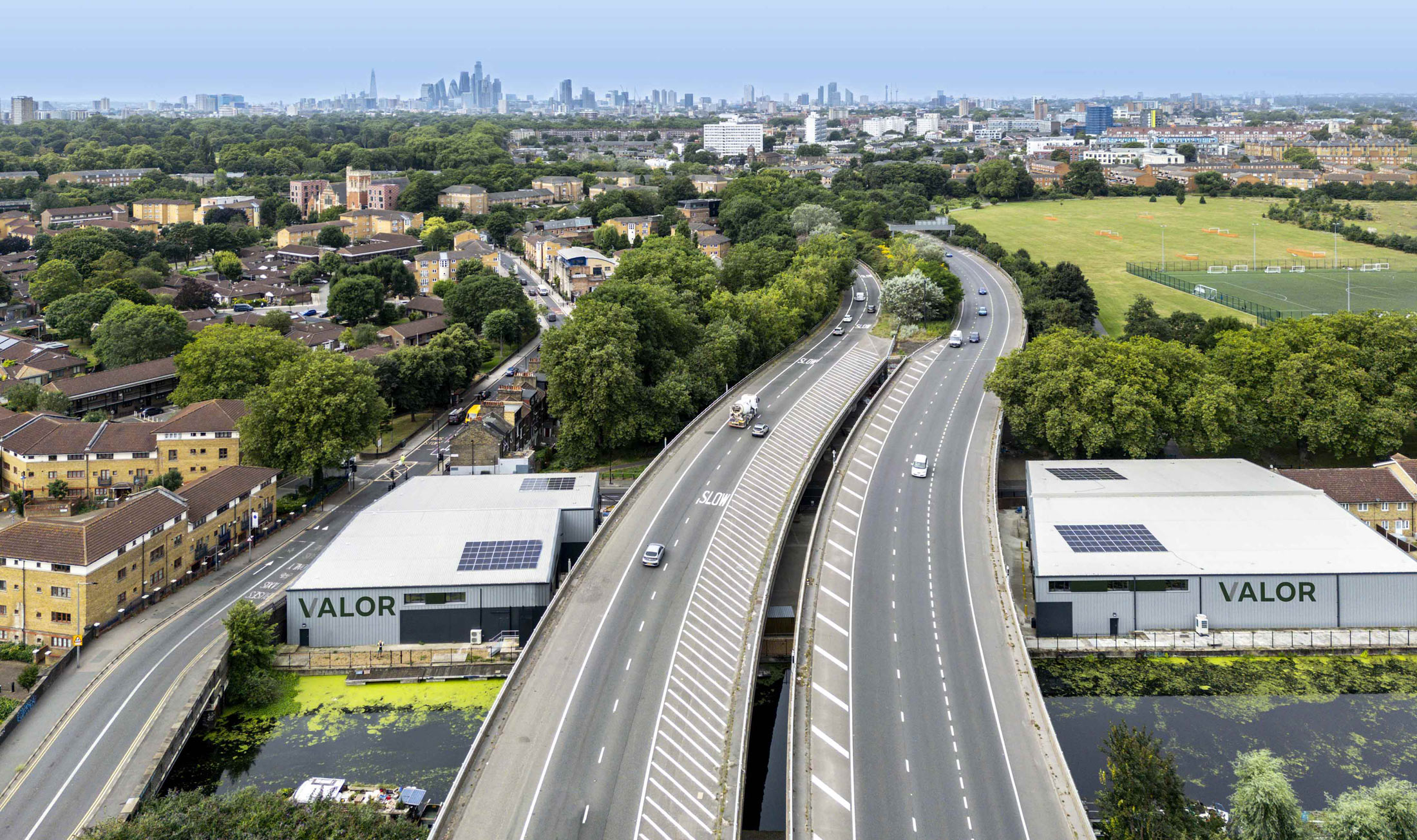 View of modern, central urban warehouses